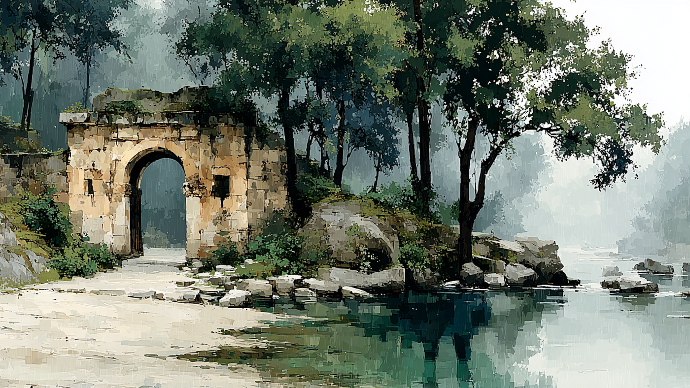 Watercolor painting of ancient stone archway with reflecting pool, soft sage and gray tones creating peaceful Mediterranean atmosphere
