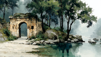 Watercolor painting of ancient stone archway with reflecting pool, soft sage and gray tones creating peaceful Mediterranean atmosphere