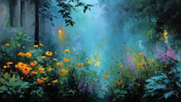 Mystical forest with golden light filtering through misty trees and wildflowers – 4K digital art for Samsung Frame TV and HiSense CanvasTV