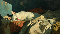 White Cat Sleeping Bedsheets animal portrait on Samsung Frame TV - 4K digital download featuring resting cat in soft cream white and warm ivory tones