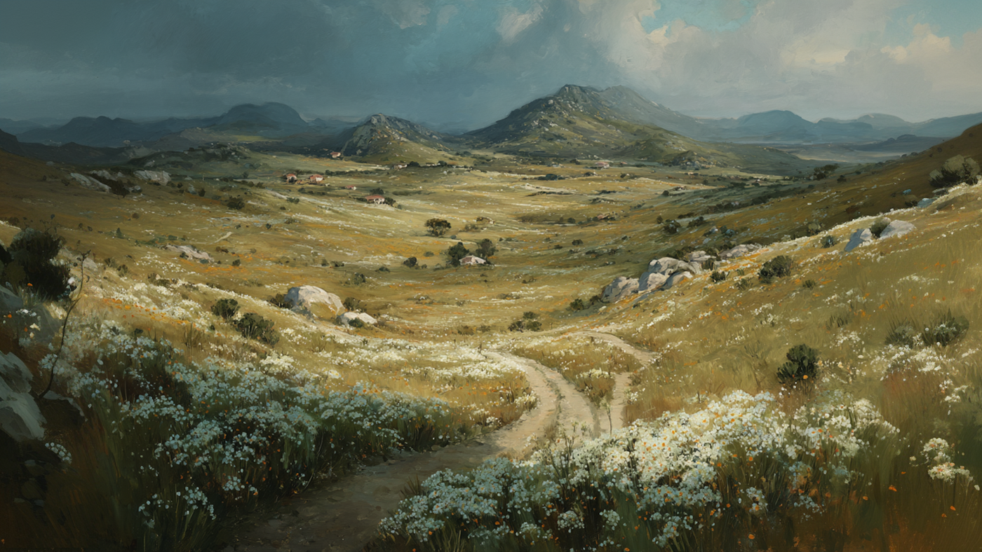 Wildflower Valley – Peaceful digital landscape of open hills and wildflowers under a moody sky, formatted in 4K for Samsung Frame TV