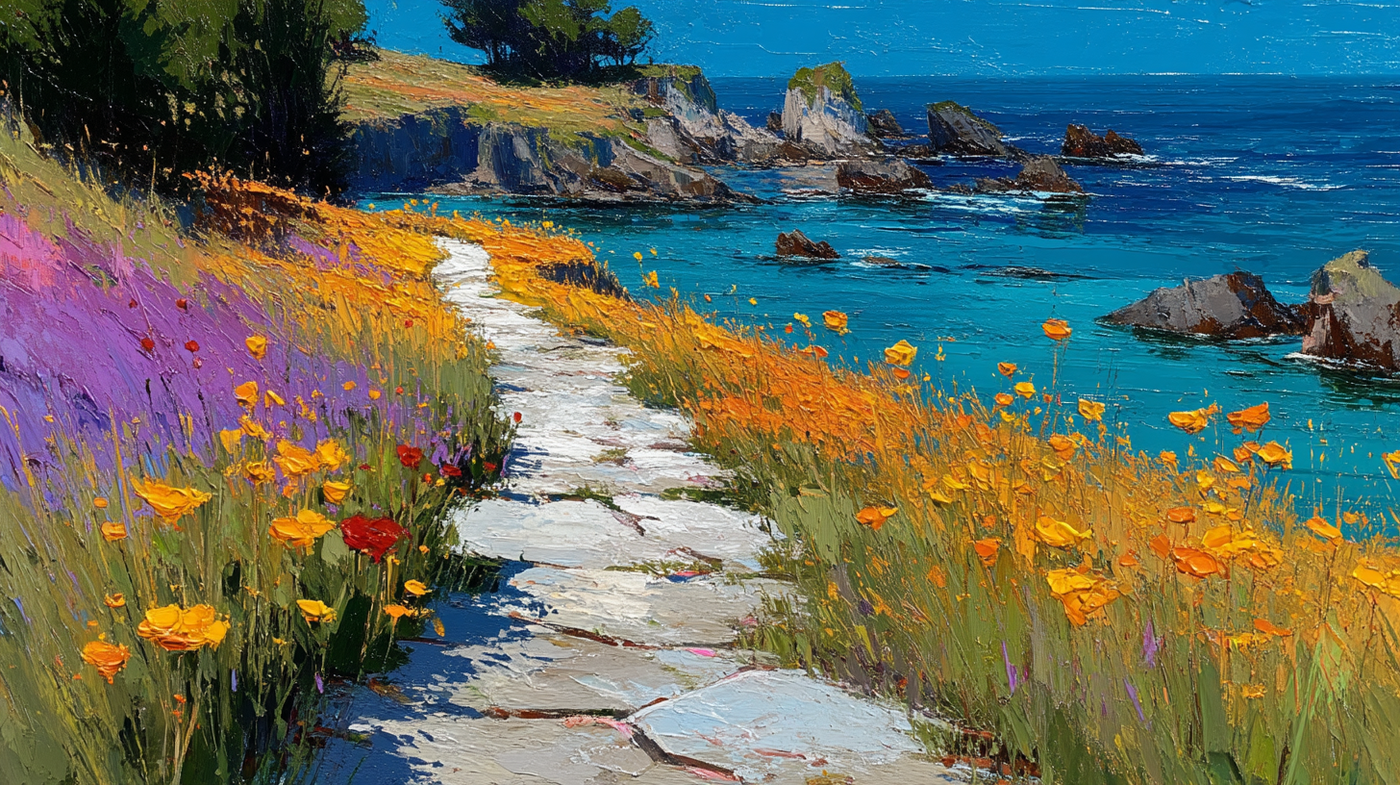 Vibrant coastal wildflower path with purple and electric orange blooms for Samsung Frame TV and HiSense CanvasTV display