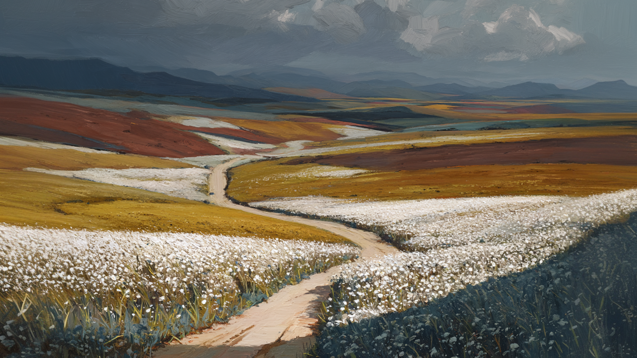Winding Season – Painterly digital artwork of a winding trail through golden fields and white wildflowers under a dramatic sky, designed for Samsung Frame TV