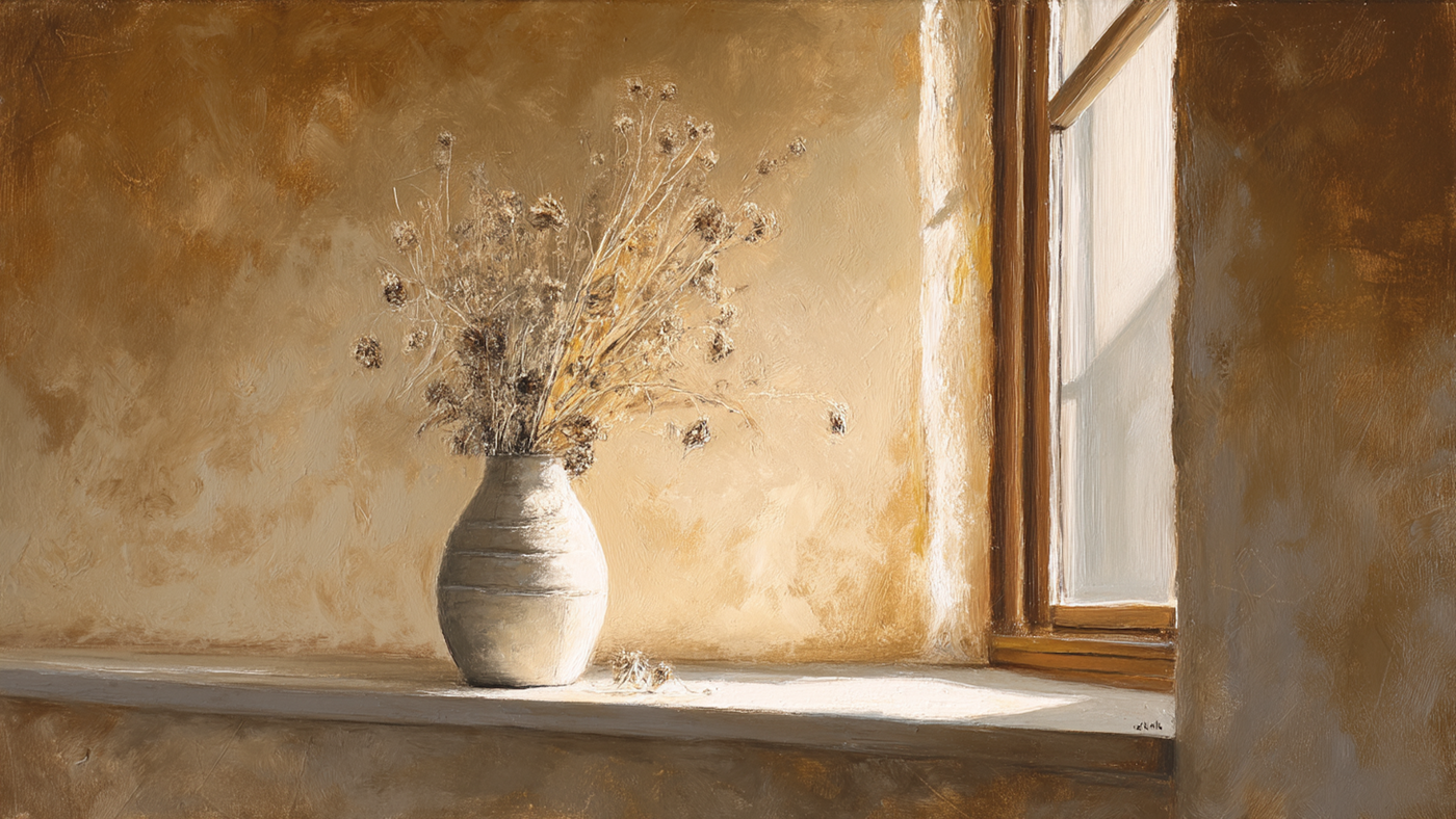 Serene still life with dried flowers in ceramic vase on windowsill in golden afternoon light – digital art for Samsung Frame TV