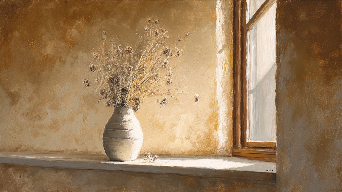 Serene still life with dried flowers in ceramic vase on windowsill in golden afternoon light – digital art for Samsung Frame TV
