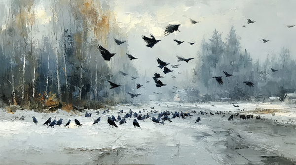Winter Parliament displayed on Samsung Frame TV - 4K digital download featuring a gathered flock of crows on snow with bare birches
