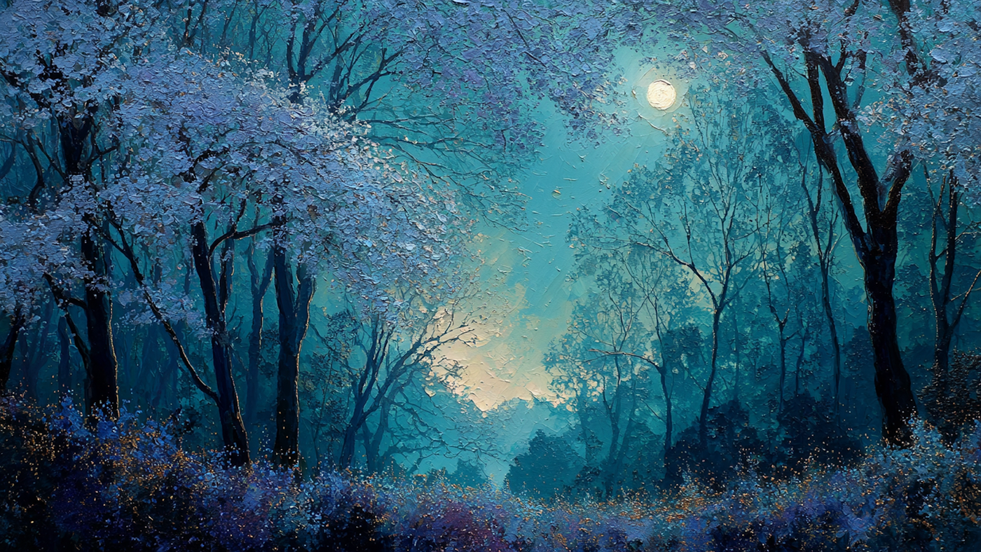 Winter Whispers frost forest artwork displayed on Samsung Frame TV showing ethereal ice-covered trees in ocean blue and silver winter tones