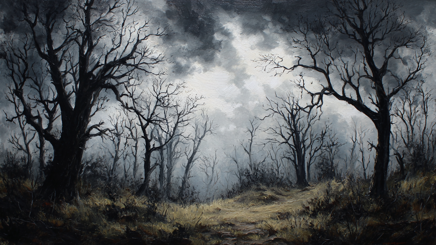 Winter Woods bare tree landscape art displayed on Samsung Frame TV - 4K digital download featuring stark trees in ink and charcoal monochrome tones