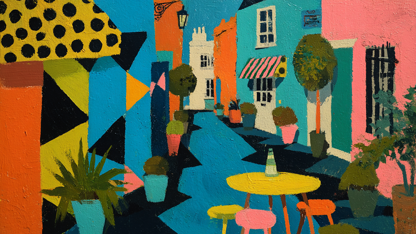 Yellow Cafe Table modernist scene displayed on Samsung Frame TV - 4K digital download featuring Stuart Davis-inspired urban cafe