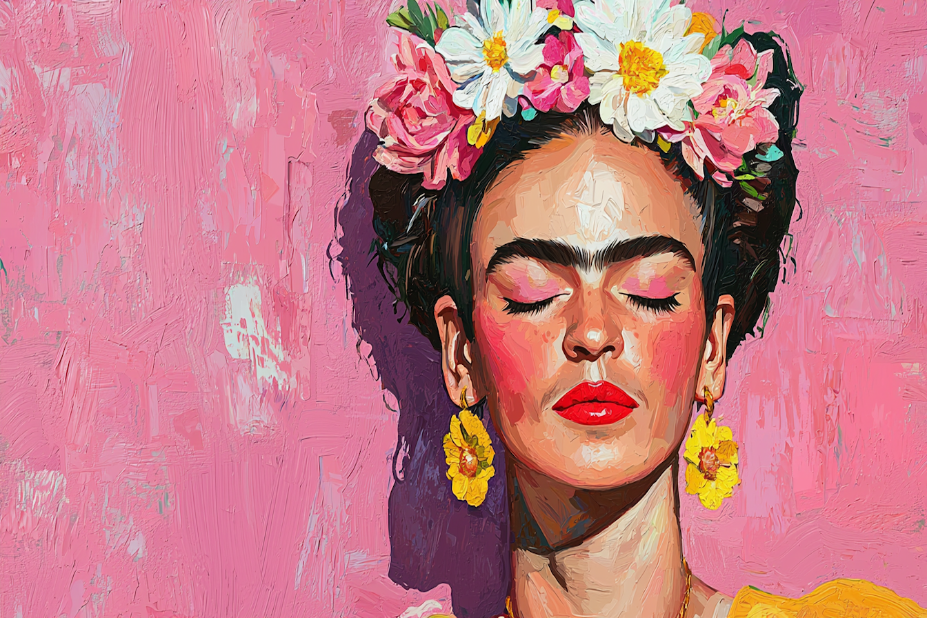 Bold and expressive Frida Kahlo portrait with floral accents, rich textures, and vivid colors – digital art for Samsung Frame TV