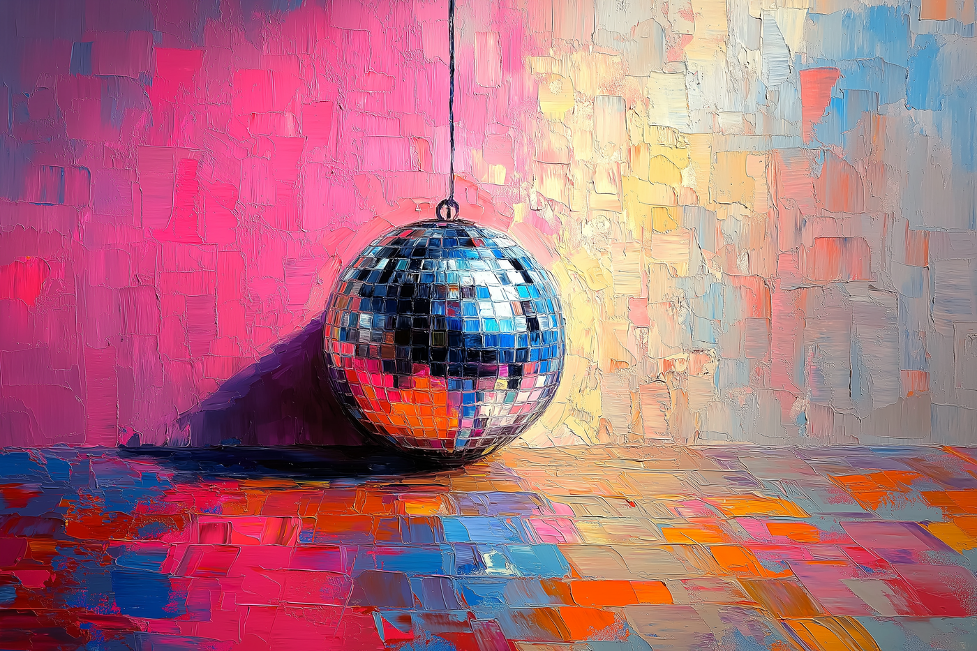 Vibrant pink and orange disco ball painting bringing retro party vibes – digital artwork for Samsung Frame TV