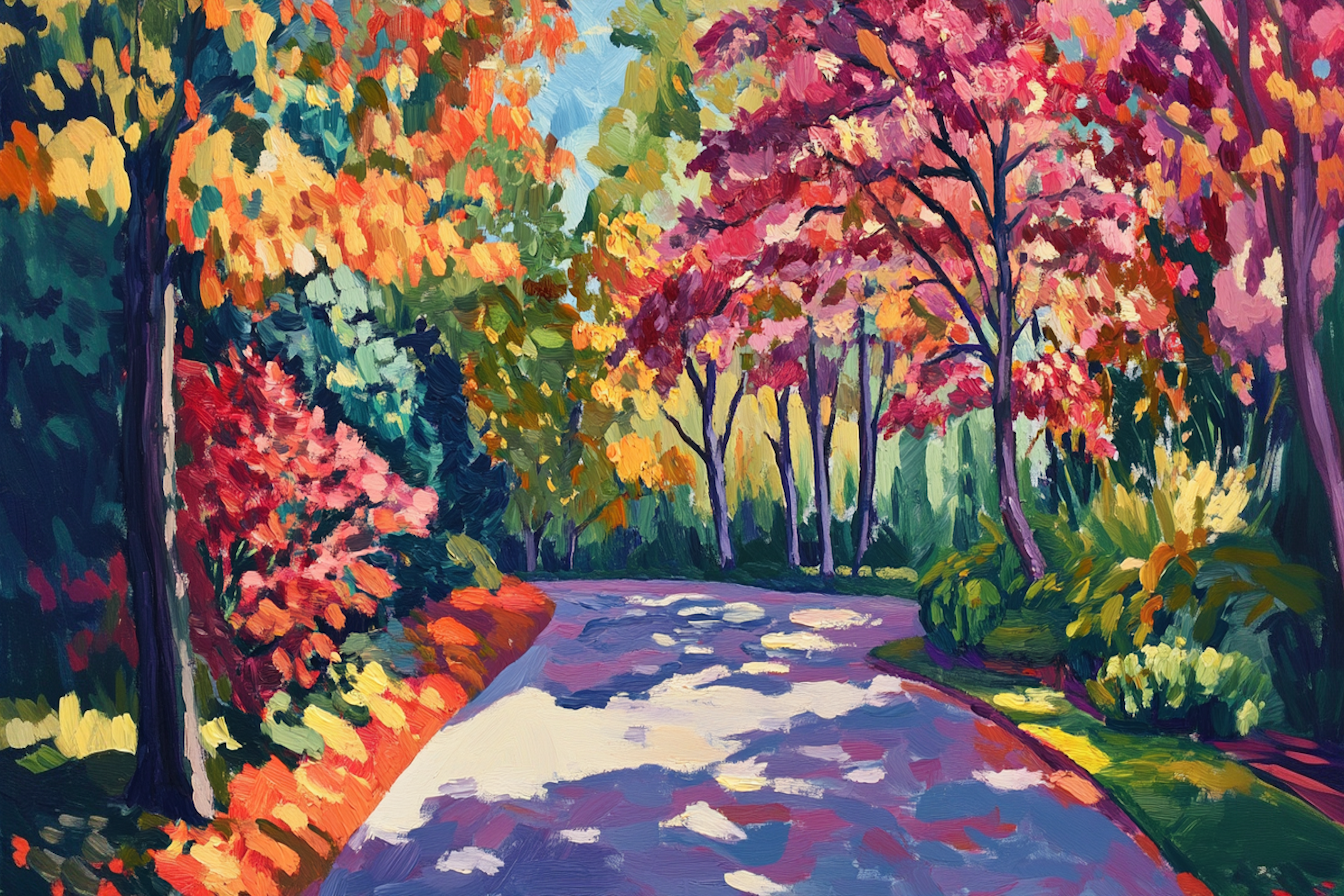 Impressionist autumn pathway with crimson foliage perfect for seasonal styling – 4K digital art for Samsung Frame TV