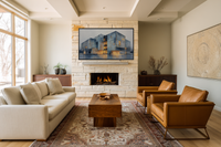 Amber Fortress brutalist architecture at twilight displayed on Samsung Frame TV - 4K digital download featuring concrete building with glowing amber windows in stone and linen palette