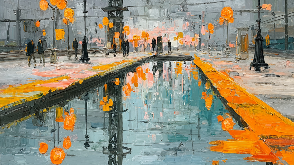 Autumn in the Courtyard outdoor plaza displayed on Samsung Frame TV - 4K digital download featuring falling leaves in citrus and electric palette