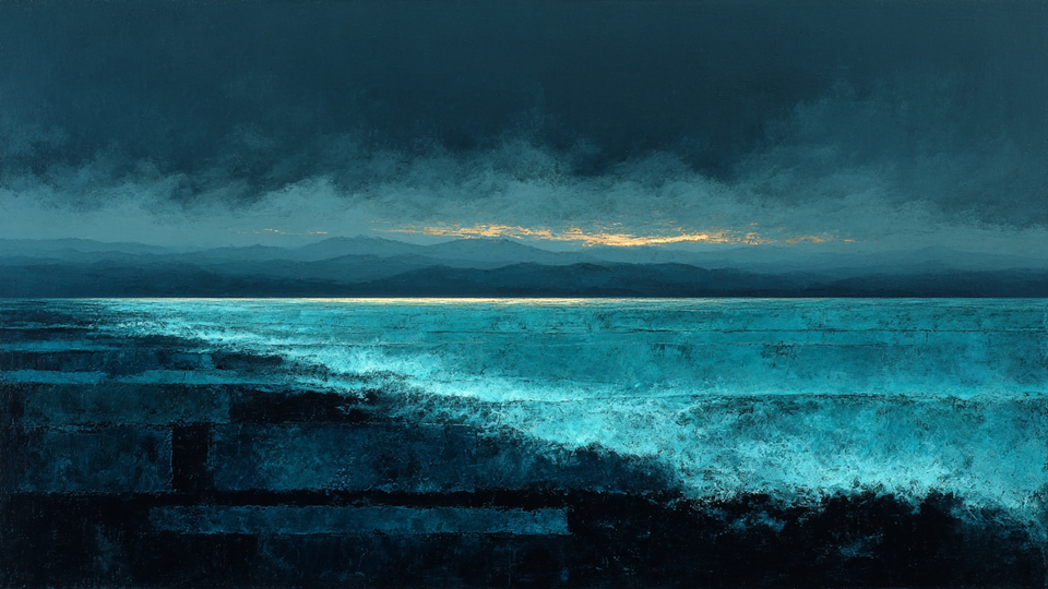 Azure Surge ocean wave art displayed on Samsung Frame TV - 4K digital download featuring turquoise and teal crashing waves with dramatic blue-gray storm sky