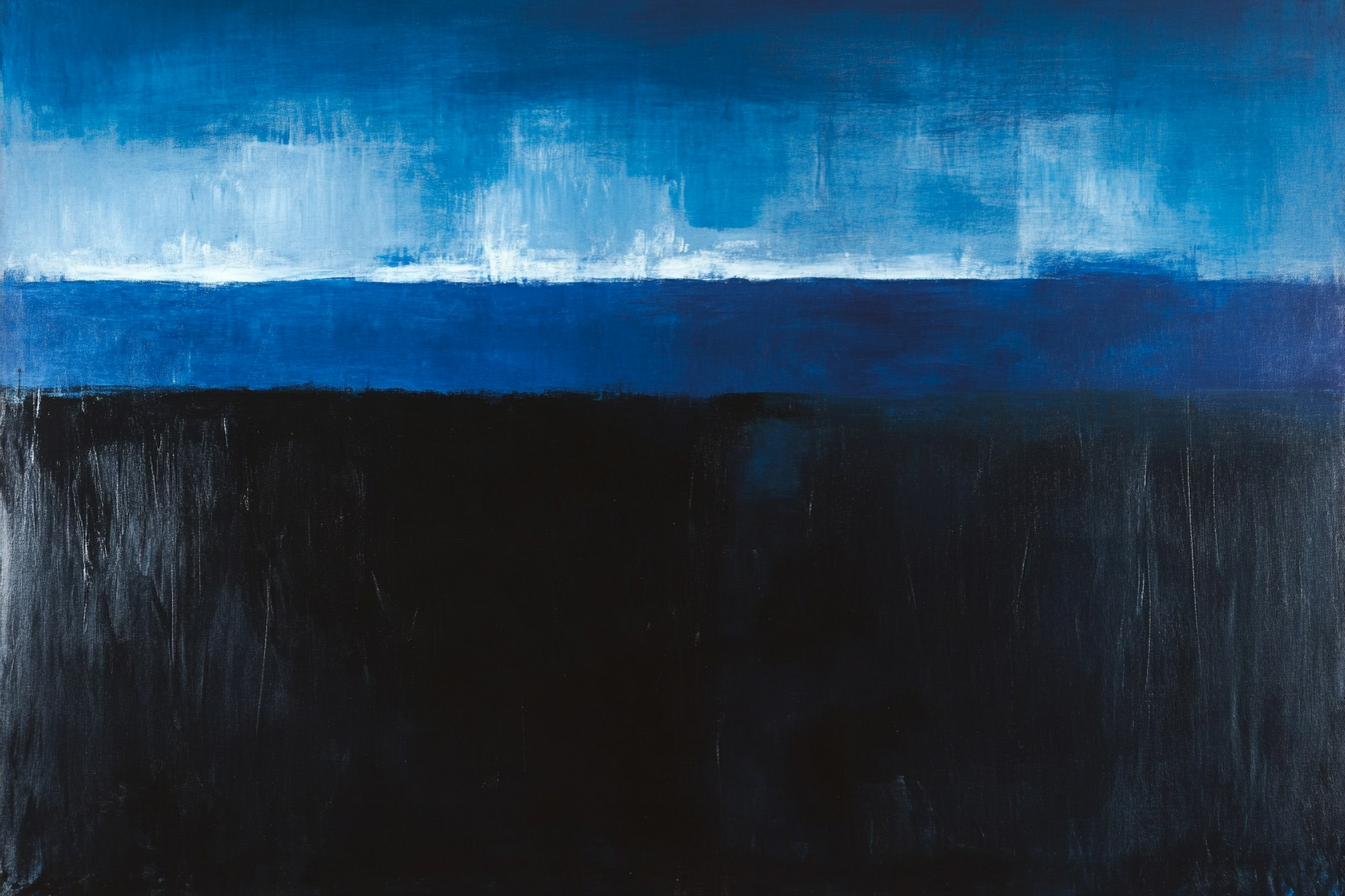 Minimalist Rothko-inspired abstract seascape with deep blues, black shores, and stark white sky – digital art for Samsung Frame TV