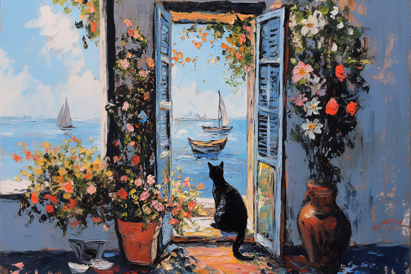 Charming black cat watching sea from flower-filled window – painterly Mediterranean 4K digital art for Samsung Frame TV