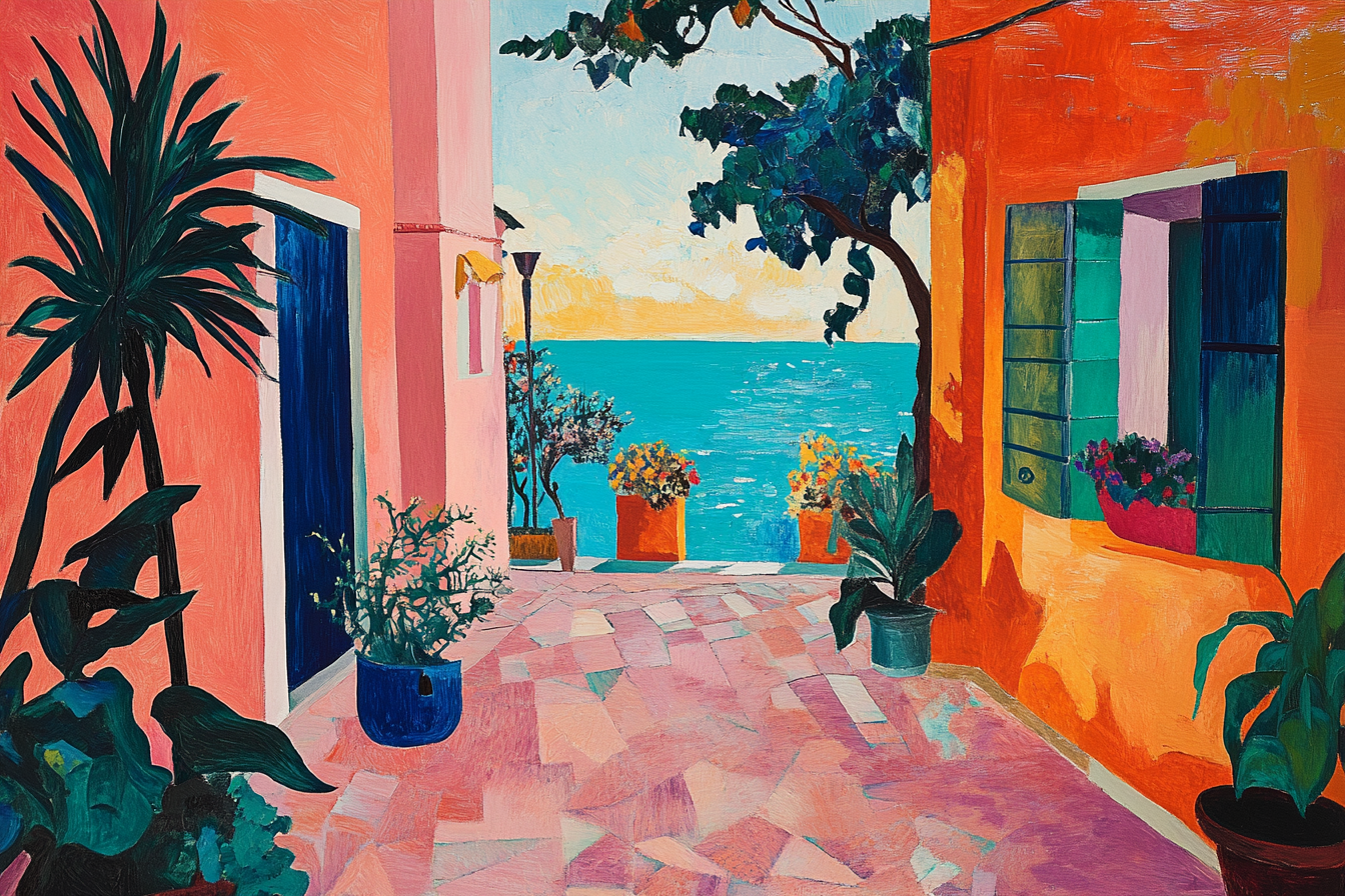 Mediterranean balcony with ocean views creating coastal escape – 4K digital art for Samsung Frame TV