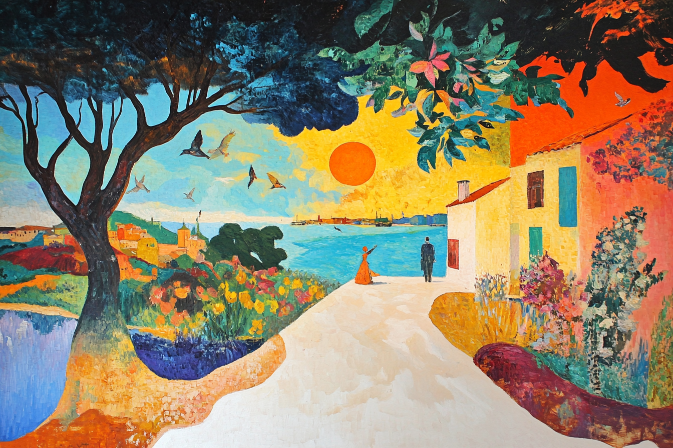 Vibrant Mediterranean coastal sunset stroll – 4K digital artwork for Samsung Frame TV