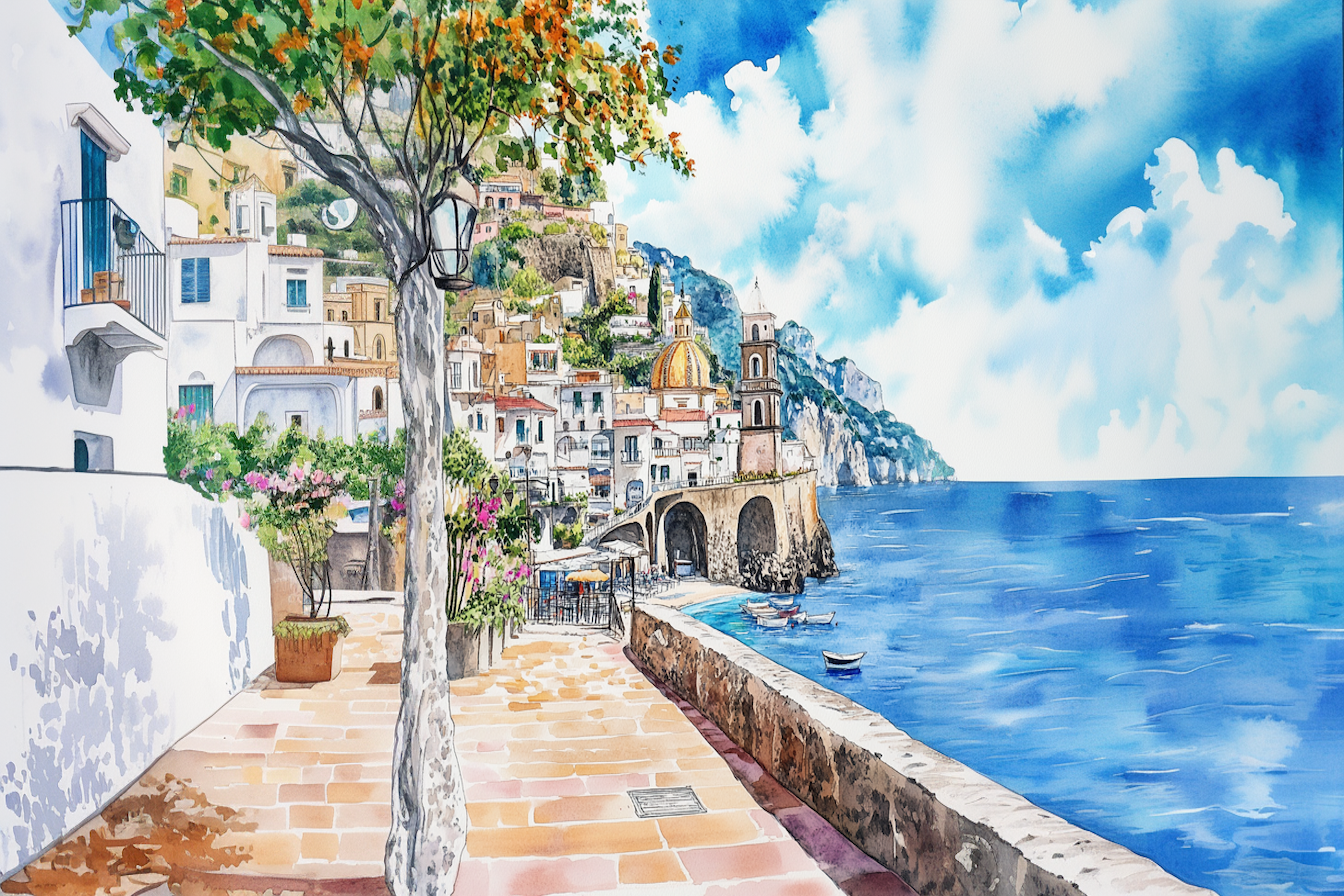 Sunlit Amalfi Vista – Whitewashed walls and blue sea art for Frame TV