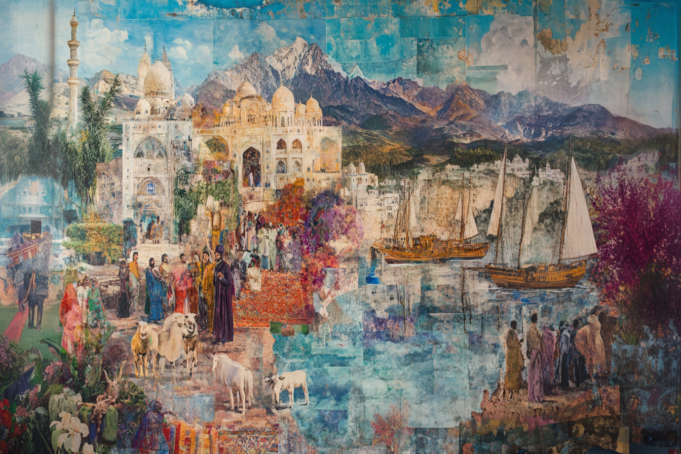 Rich cultural collage blending Indian, Persian, and Middle Eastern landscapes – 4K digital artwork for Samsung Frame TV