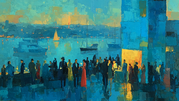 Blue Hour Rooftop Cocktails gathering on Samsung Frame TV - 4K digital download featuring evening party silhouettes in sapphire and amber tones