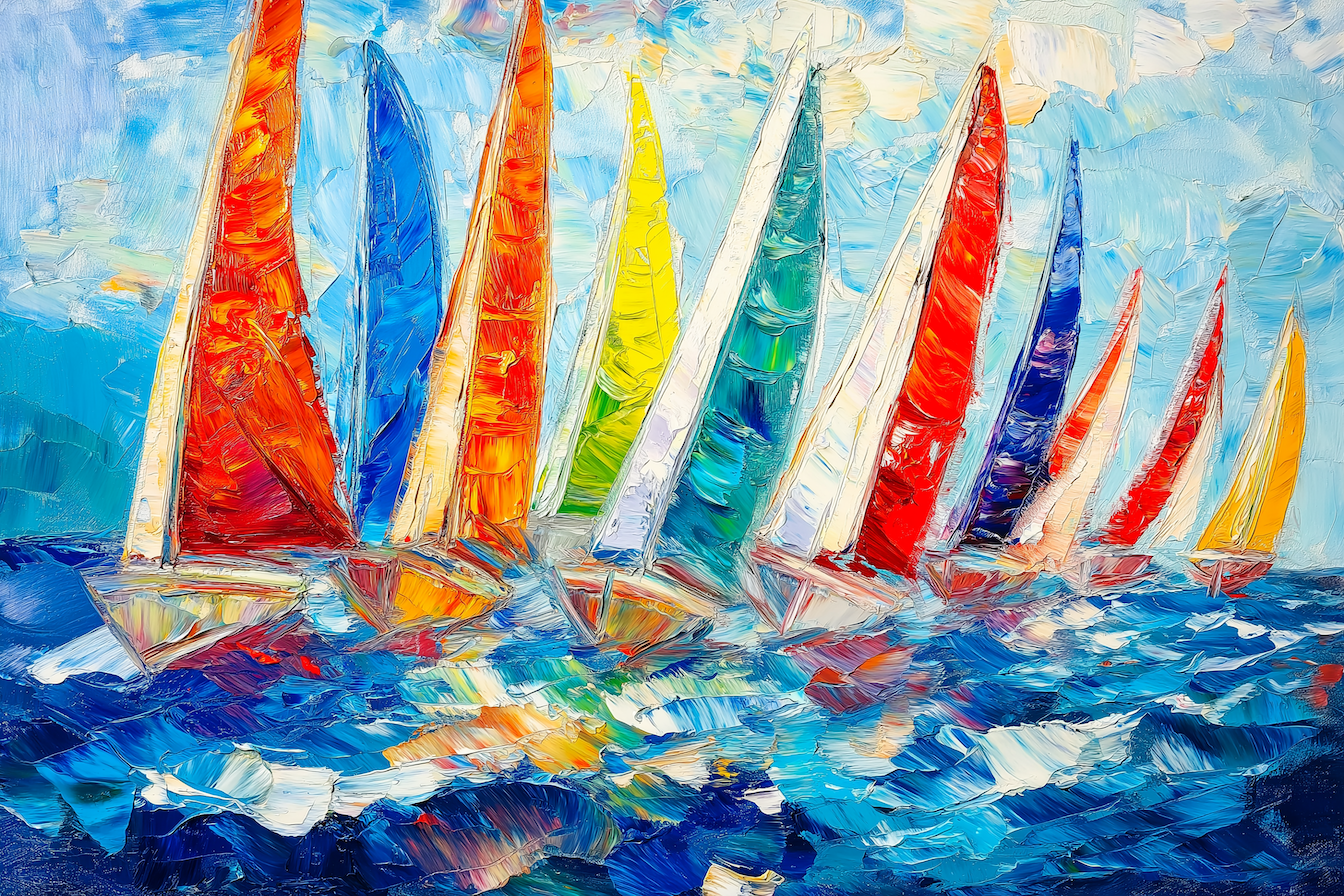 Vivid impressionist sailing with bold brushstrokes, dynamic motion, and colorful sailboats – digital art for Samsung Frame TV
