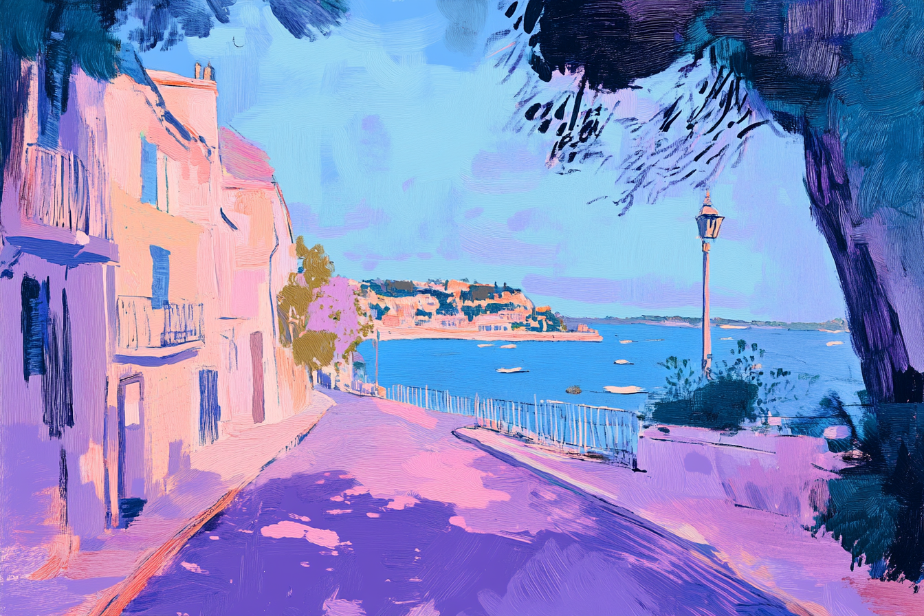 Free springtime coastal promenade with soft purples and ocean blues – 4K digital art for Samsung Frame TV