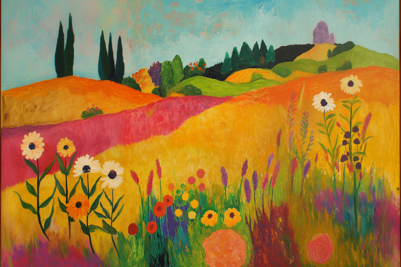 Sunlit wildflowers and rolling hills in golden meadow landscape – peaceful 4K digital art for Samsung Frame TV