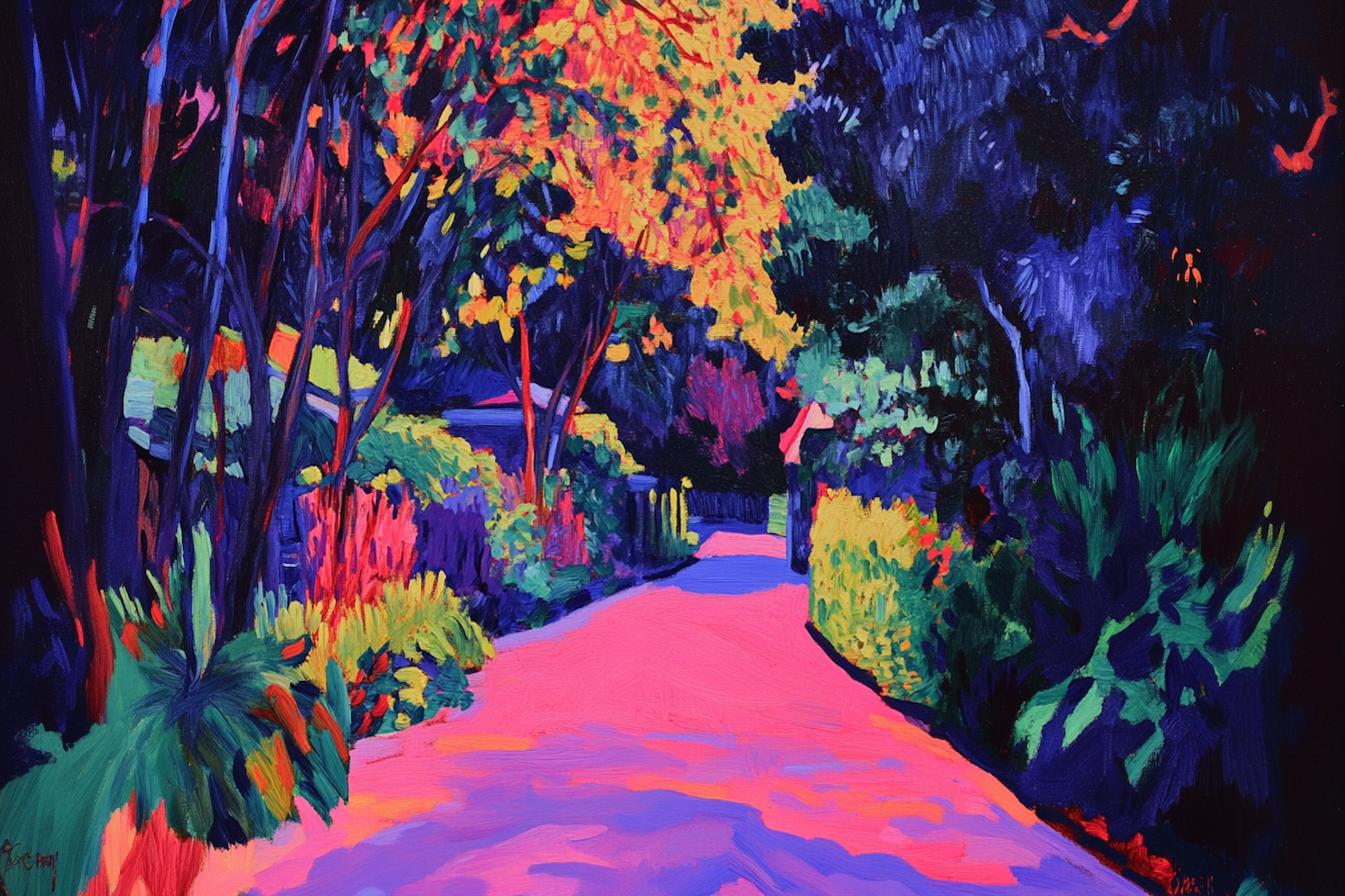 Expressionist forest path in vivid pinks and blues adding drama – 4K digital art for Samsung Frame TV