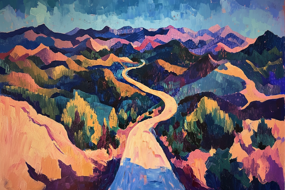 Painterly mountain landscape with scenic winding road adding depth – vibrant 4K digital art for Samsung Frame TV