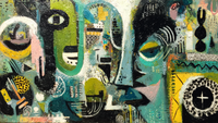 Chromatic Consciousness abstract portrait artwork displayed on Samsung Frame TV showing geometric faces in green and gray sage eucalyptus tones