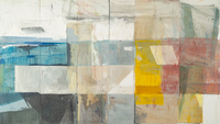 Soft geometric collage with sandy taupes, ocean blues, and warm yellows; coastal-inspired abstract for Samsung Frame TV.