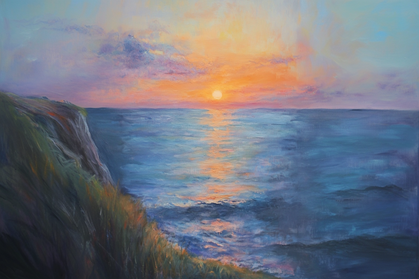 Impressionist sunrise over ocean cliffs creating serene coastal atmosphere – 4K digital artwork for Samsung Frame TV