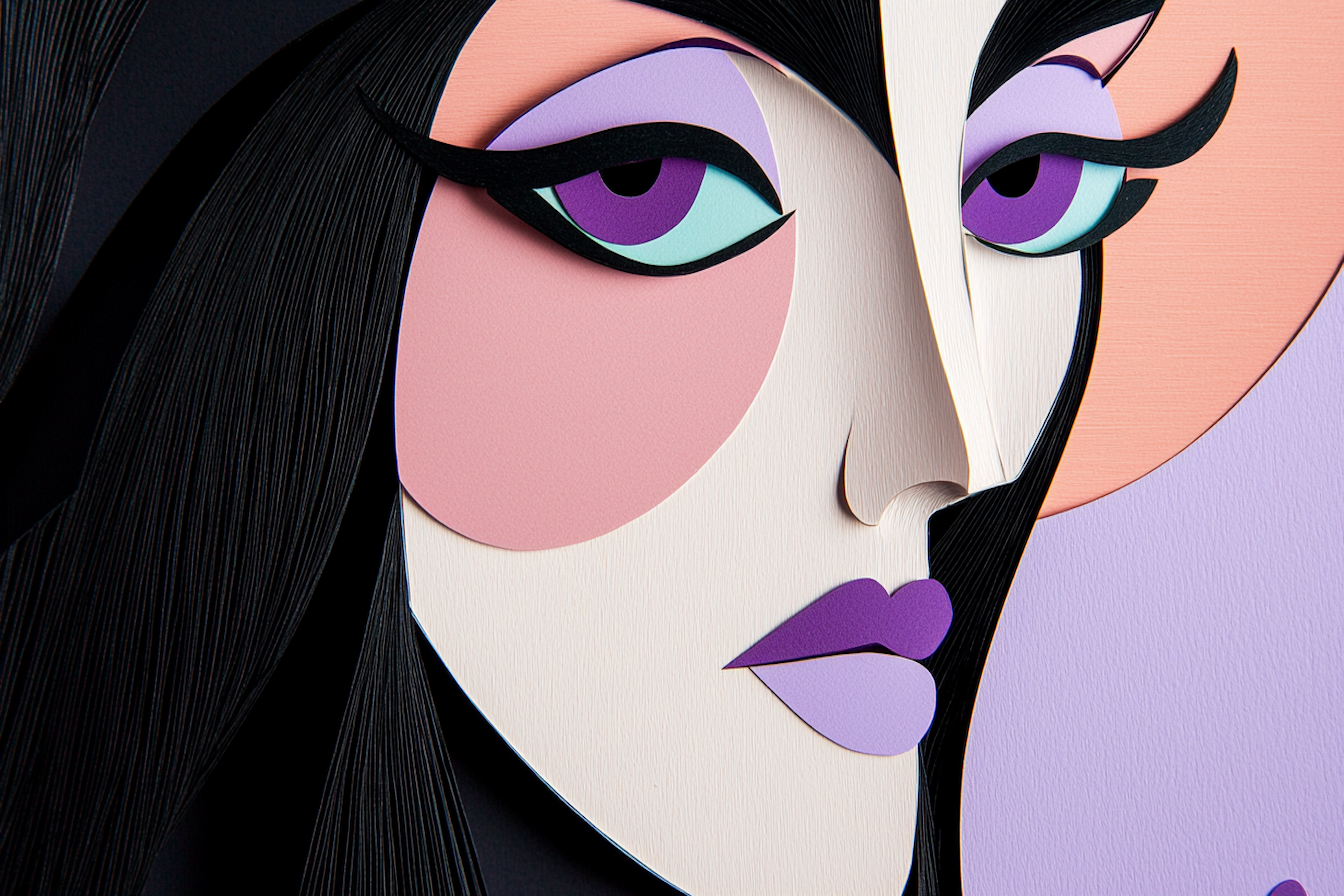 Modern paper-cut portrait with bold geometric shapes and soft pastel hues – contemporary digital artwork for Samsung Frame TV