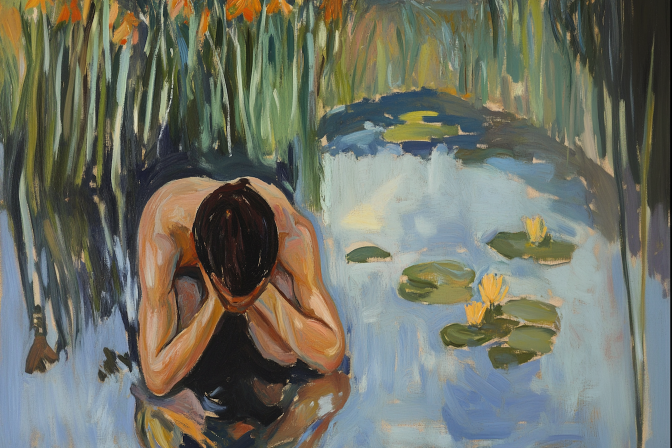 Contemplative figure among water lilies bringing quiet beauty – impressionist high-resolution digital art for Samsung Frame TV