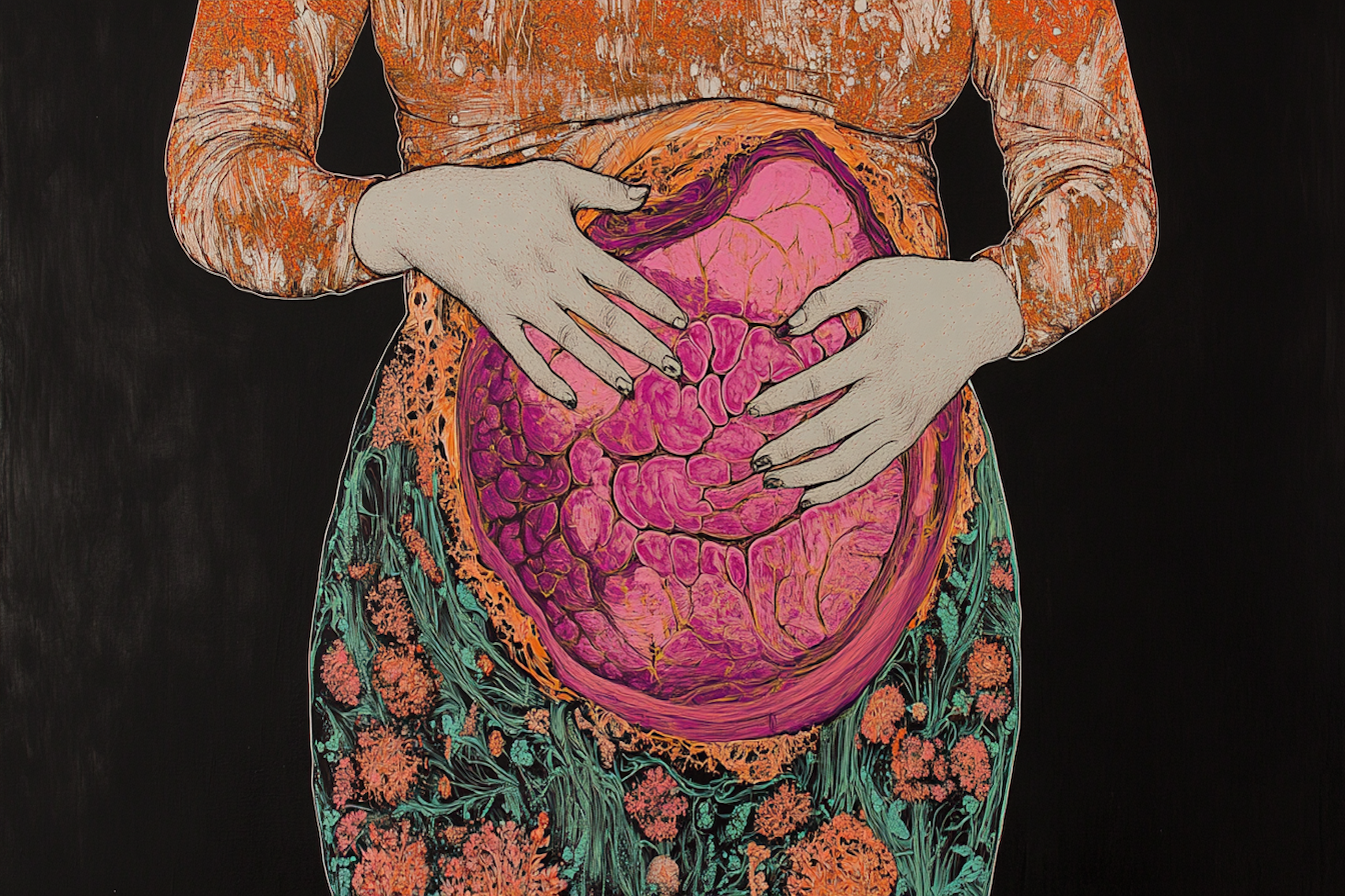 Vibrant woodcut-inspired artwork with bold pink and orange florals celebrating motherhood – digital art for Samsung Frame TV