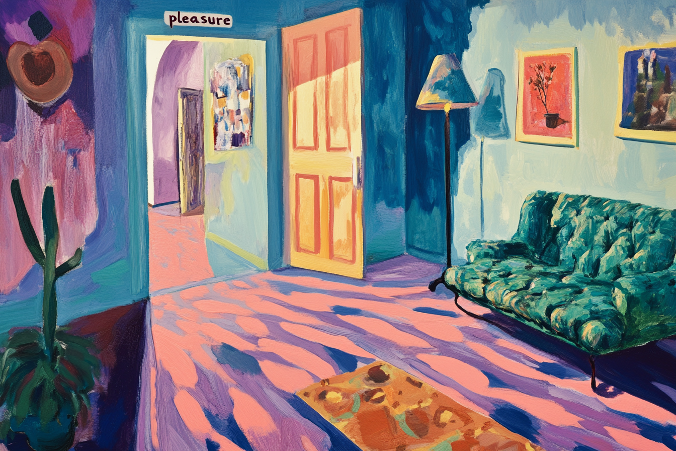 Lively interior painting inspired by Hockney, Matisse, and Jean with bold colors and dynamic brushstrokes – digital art for Samsung Frame TV