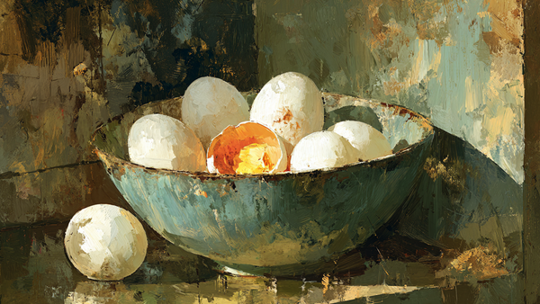 Duck Eggs Grey Ceramic Bowl still life on Samsung Frame TV - 4K digital download featuring pale eggs with greenery in blue-white gray and green tones