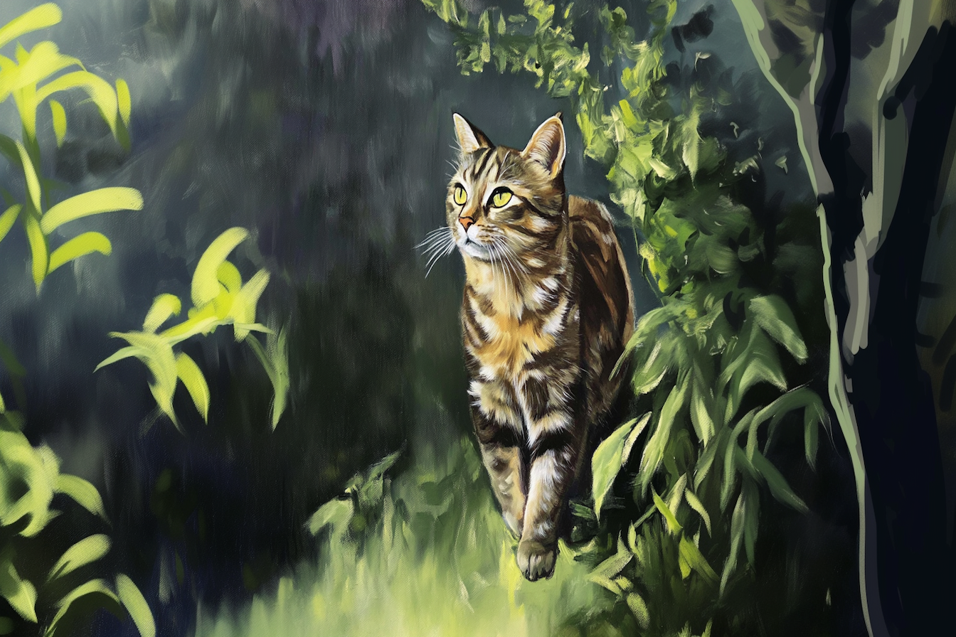 Two-piece tabby cat digital art set with painterly woodland theme – 4K art for Samsung Frame TV