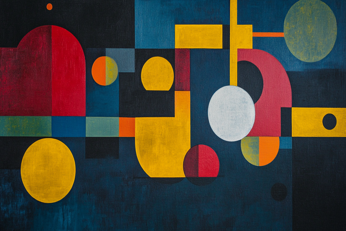 Bold abstract composition with geometric shapes, rich primary colors, and dynamic form balance – digital art for Samsung Frame TV