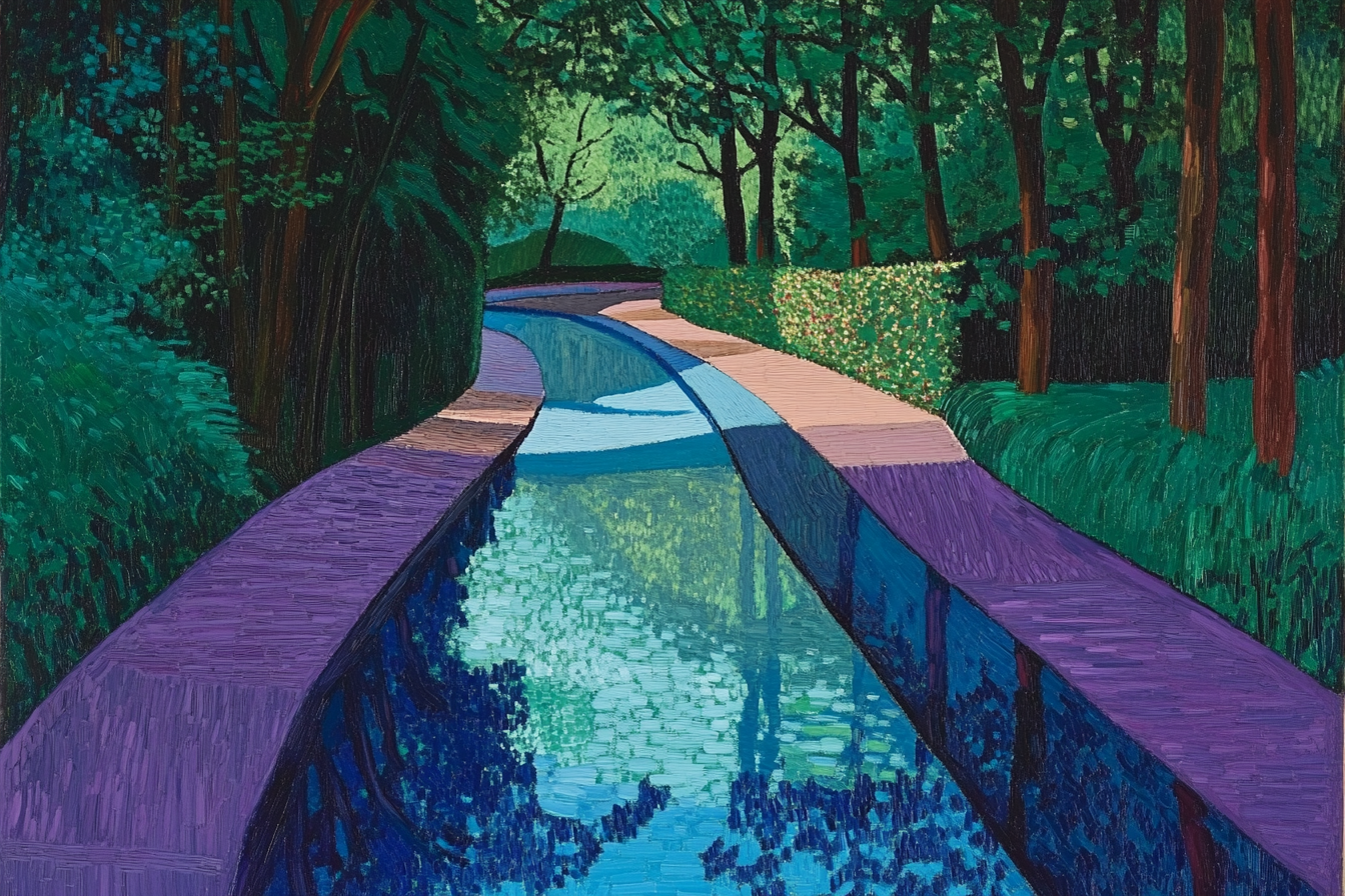 Purple walls framing mystical blue canal winding through enchanted woods – surreal digital artwork for Samsung Frame TV