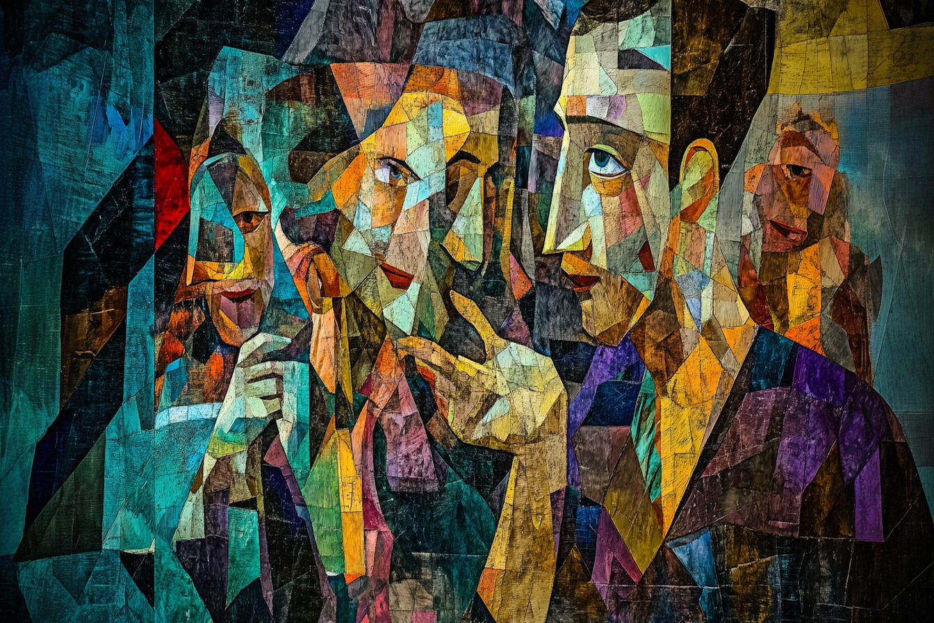 Abstract painting inspired by Picasso capturing human conversation in cubist form – 4K digital artwork for Samsung Frame TV