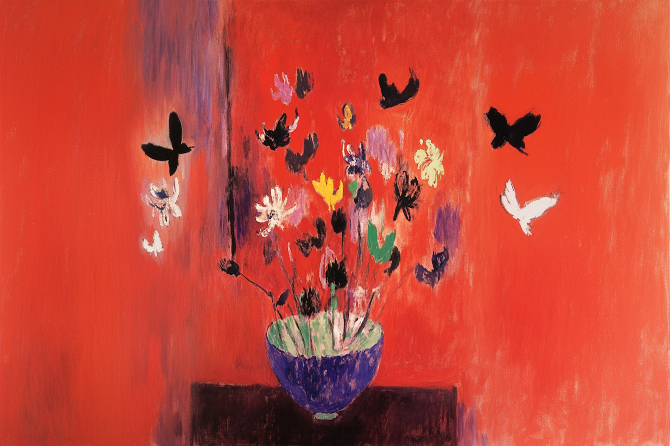 Abstract florals and butterflies swirling across crimson backdrop – dreamy 4K artwork for Samsung Frame TV