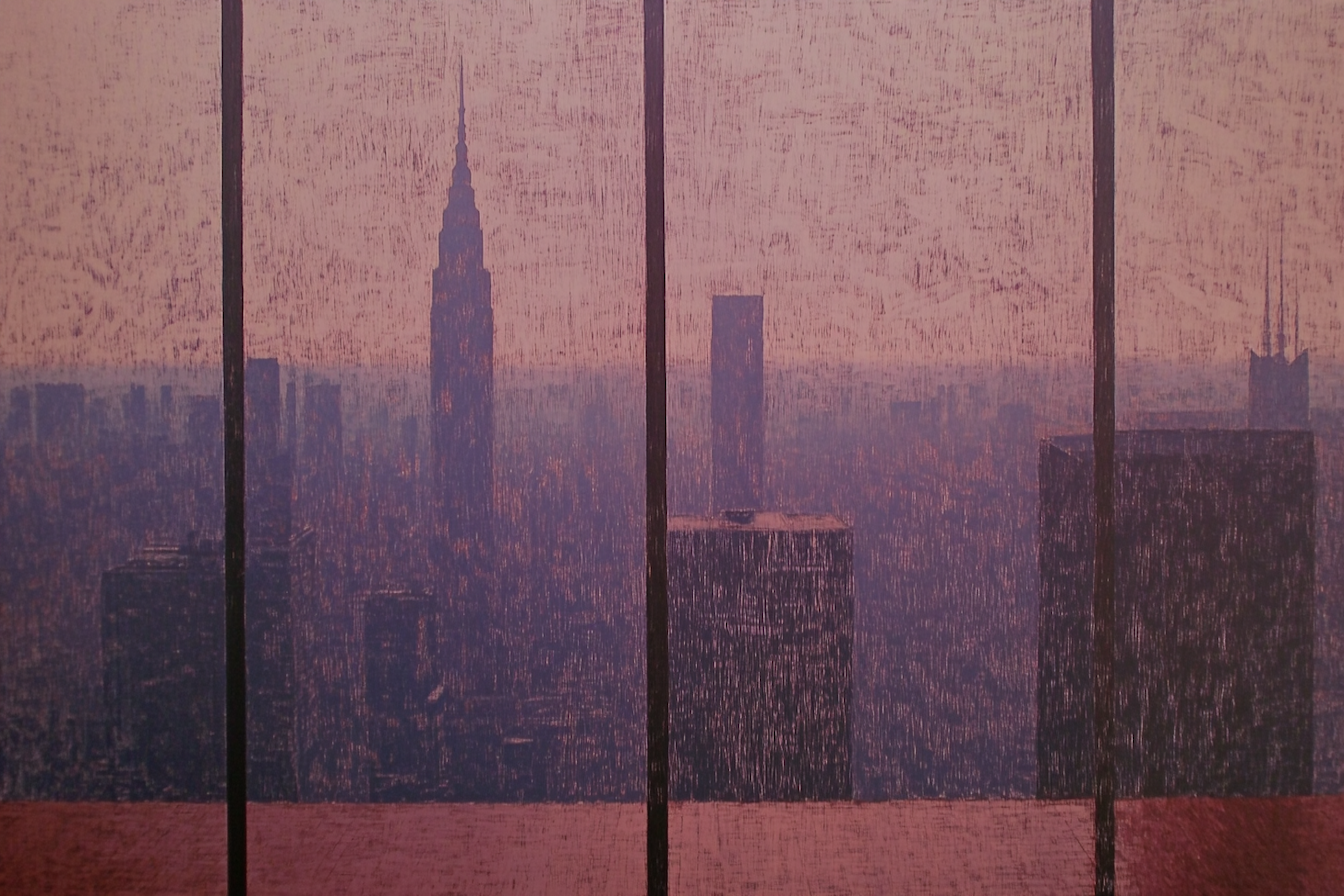 Minimalist New York cityscape in soft pinks and purples with Empire State Building view – digital art for Samsung Frame TV