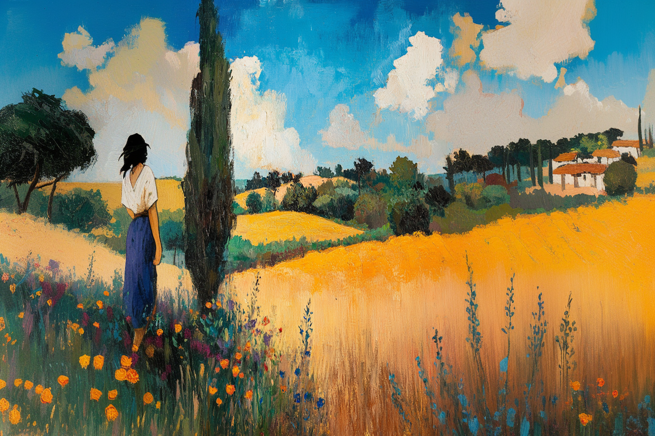 Vibrant Tuscan impressionist landscape with golden wheat fields, cypress trees, and wildflowers – 4K digital art for Samsung Frame TV