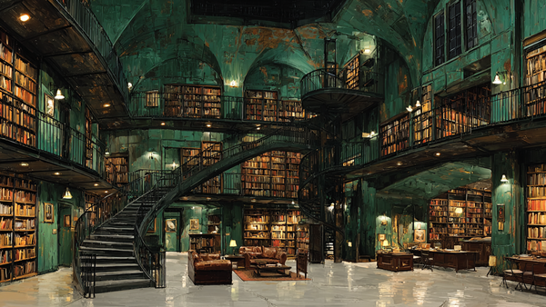 Bibliotheca Arcana fantasy library interior displayed on Samsung Frame TV - 4K digital download featuring spiral staircases and endless books in sage and eucalyptus green tones