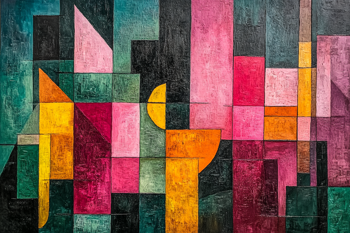 Paul Klee-inspired geometric forms dancing in pink, green, and orange – vibrant cubist digital painting for Samsung Frame TV