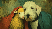 Fluffy Bedlington Terrier Portrait displayed on Samsung Frame TV - 4K digital download featuring lamb-like dog with distinctive curly coat against jewel-toned background