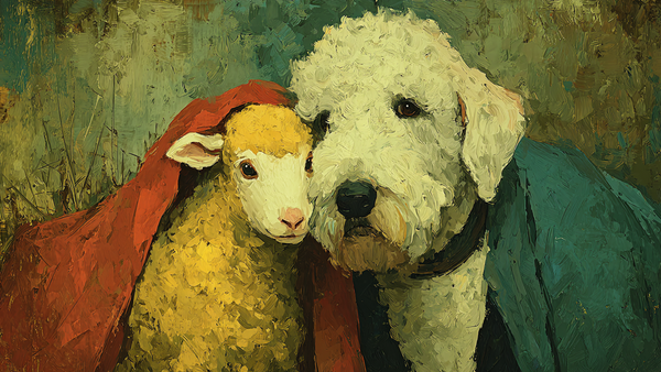 Fluffy Bedlington Terrier Portrait displayed on Samsung Frame TV - 4K digital download featuring lamb-like dog with distinctive curly coat against jewel-toned background